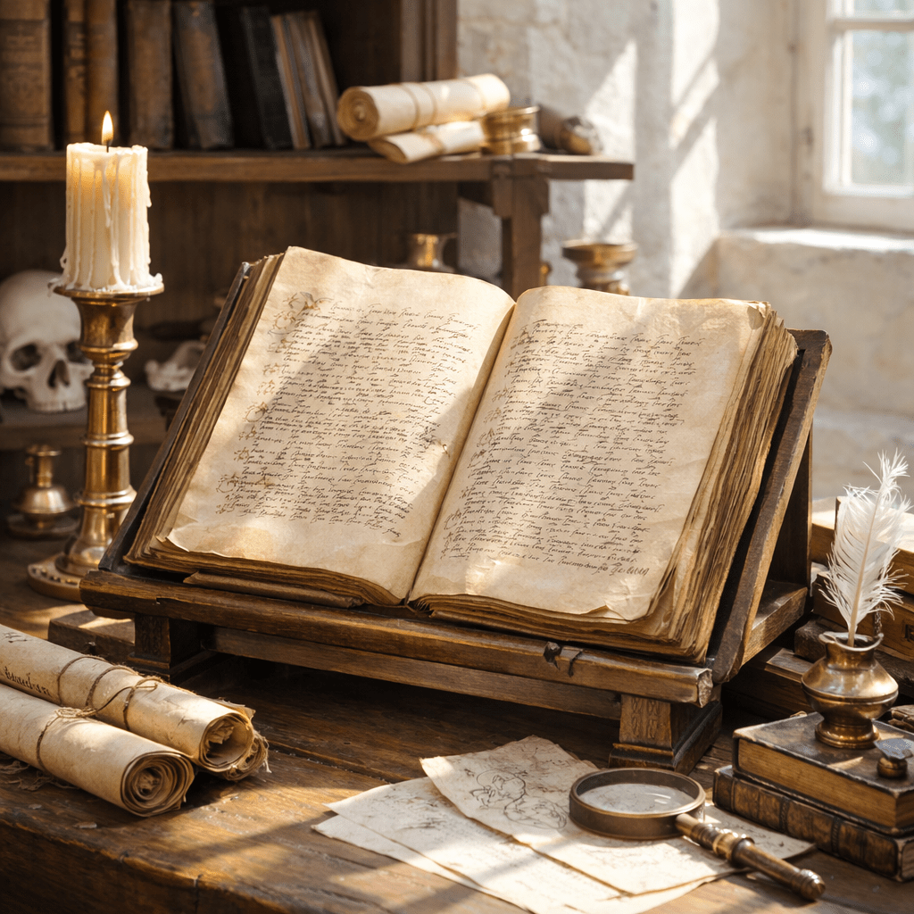 Open medieval manuscript on wooden stand with handwritten text and illustrations, lit by candles