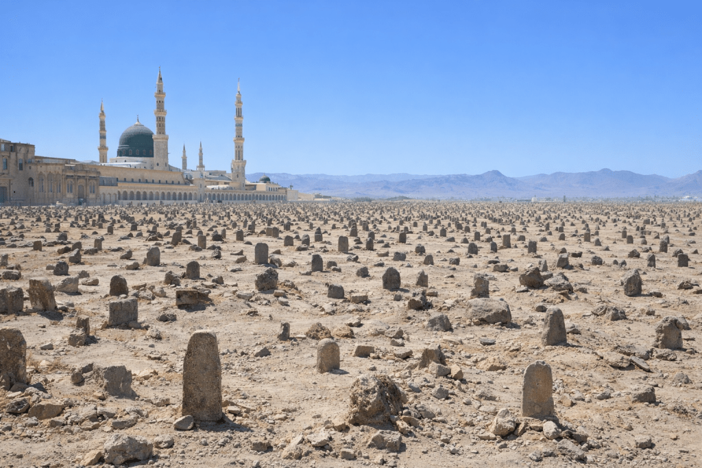 Old stone graves and a domed mausoleum in a desert cemetery at sunset