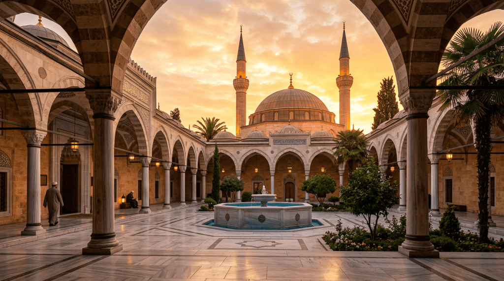 Courtyard of mosque with marble arches, central fountain, and twin minarets at sunset