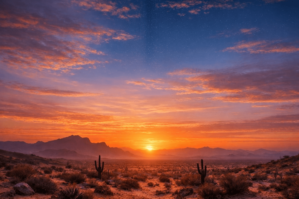 Vertical beam of bright light over desert with cacti and mountains at sunset