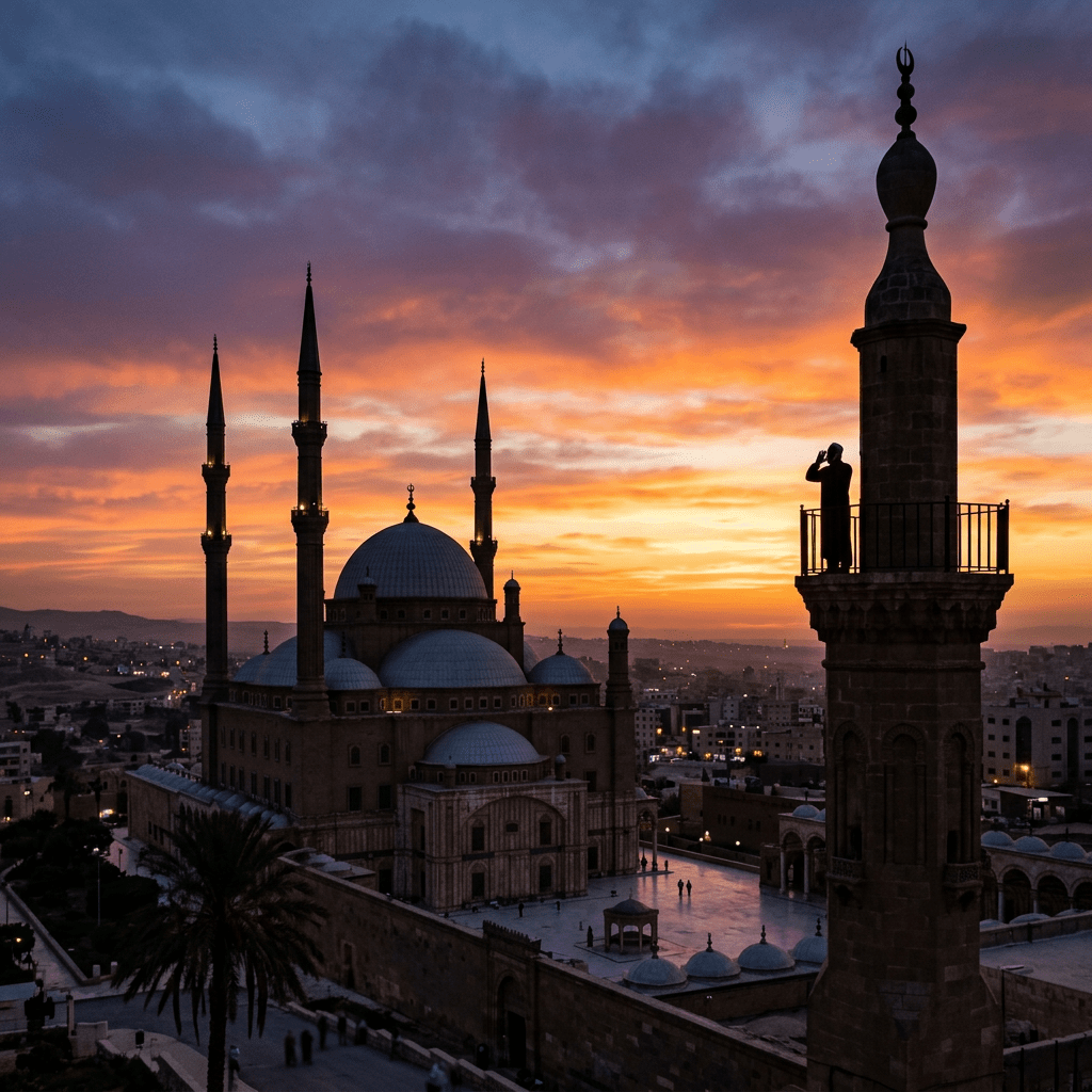 Silhouette of a person on mosque minaret calling to prayer at sunset with cityscape background