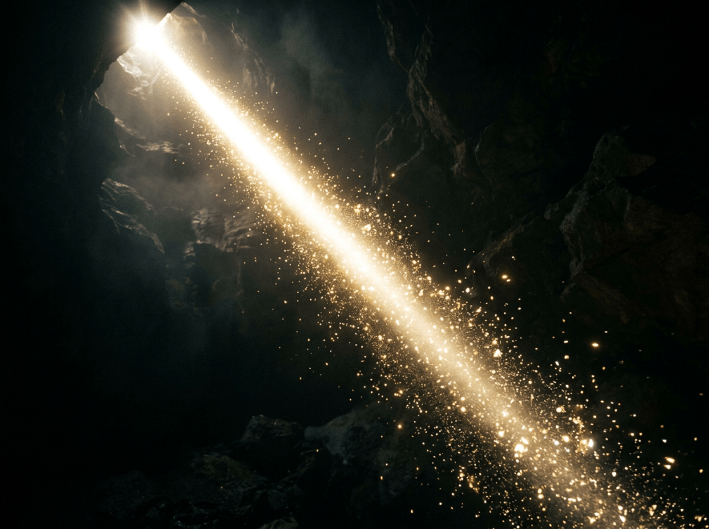 Bright golden beam of light with sparkling particles inside a dark cave opening