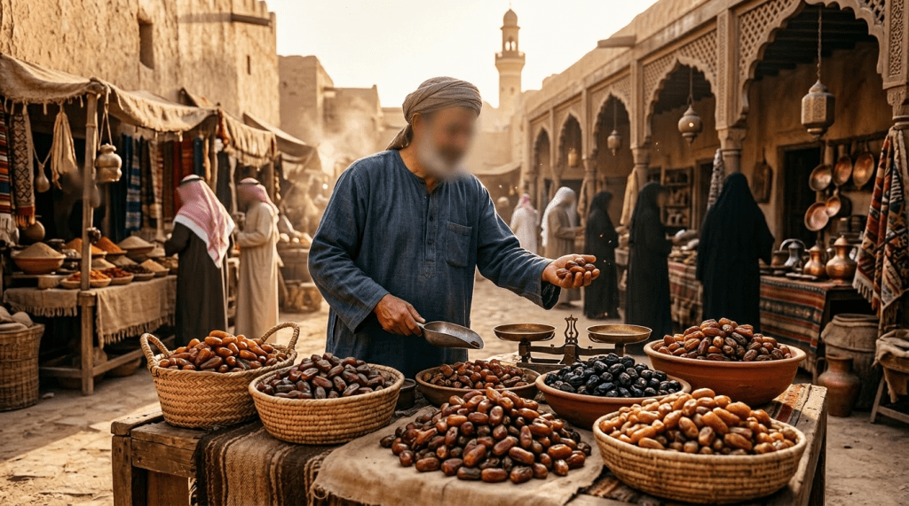 Vendor holding dates at a market stall with baskets of dates