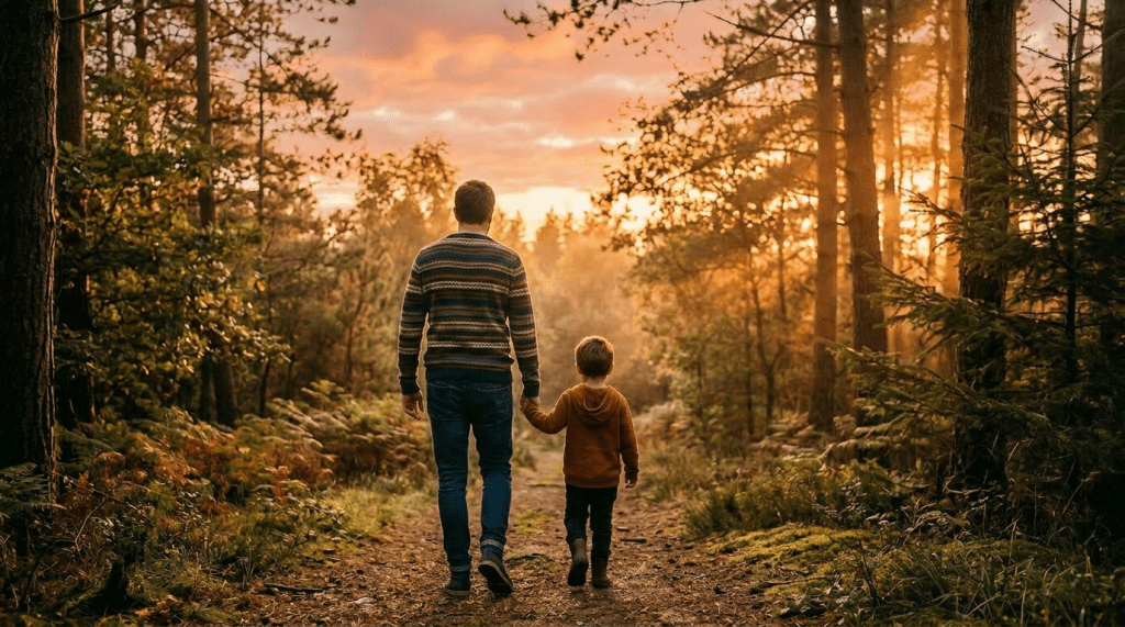 Woman and child walking on coastal path with ocean sunset