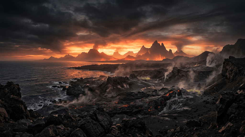 Coastal volcanic landscape with active lava flows and smoke under a colorful sunset sky