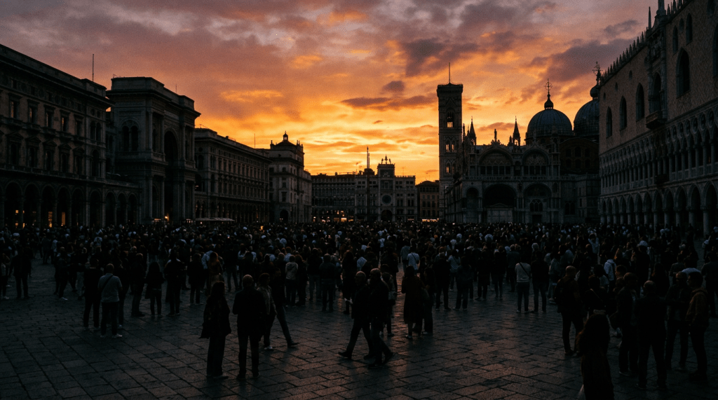 Crowd in Venetian square with historic buildings silhouetted against sunset sky