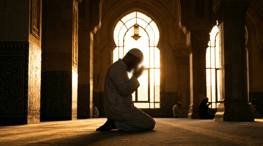 Man kneeling and praying inside mosque with decorative windows and columns