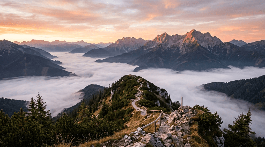 Hiker standing on rocky mountain trail above foggy valley with distant mountains