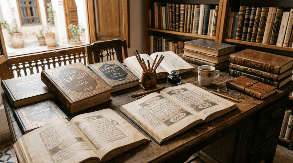 Old Arabic Islamic manuscripts open on a wooden desk with ink, pens, and a cup