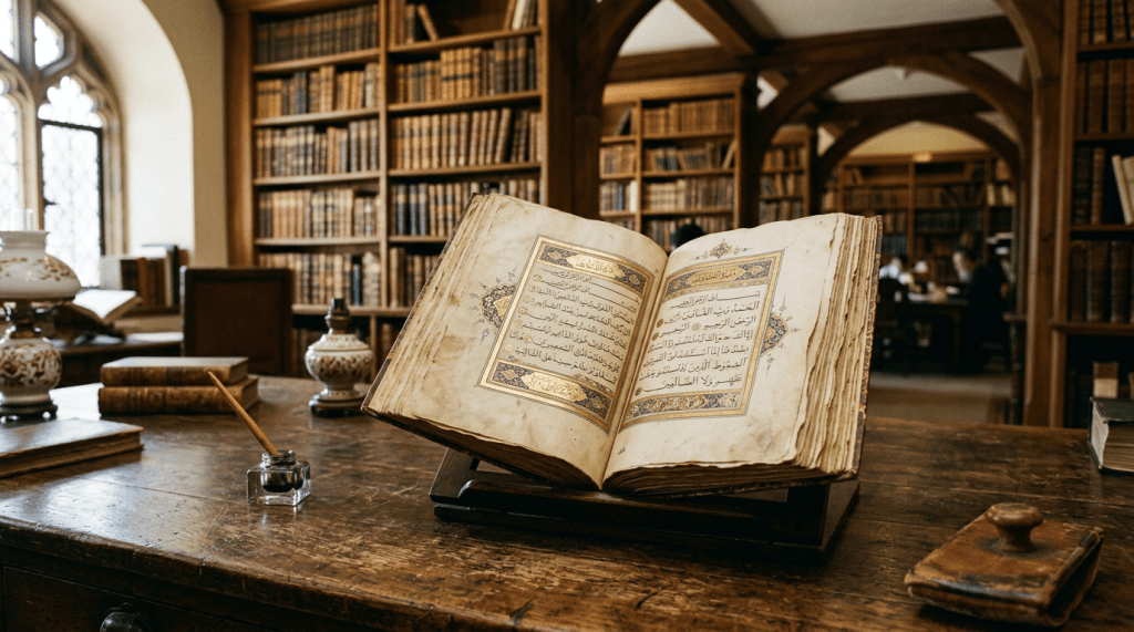 Open ancient manuscript with Arabic script and decorative gold borders on wooden stand in old library