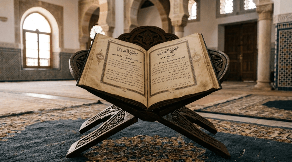 Open Quran on ornately carved wooden book stand inside mosque with people praying in background