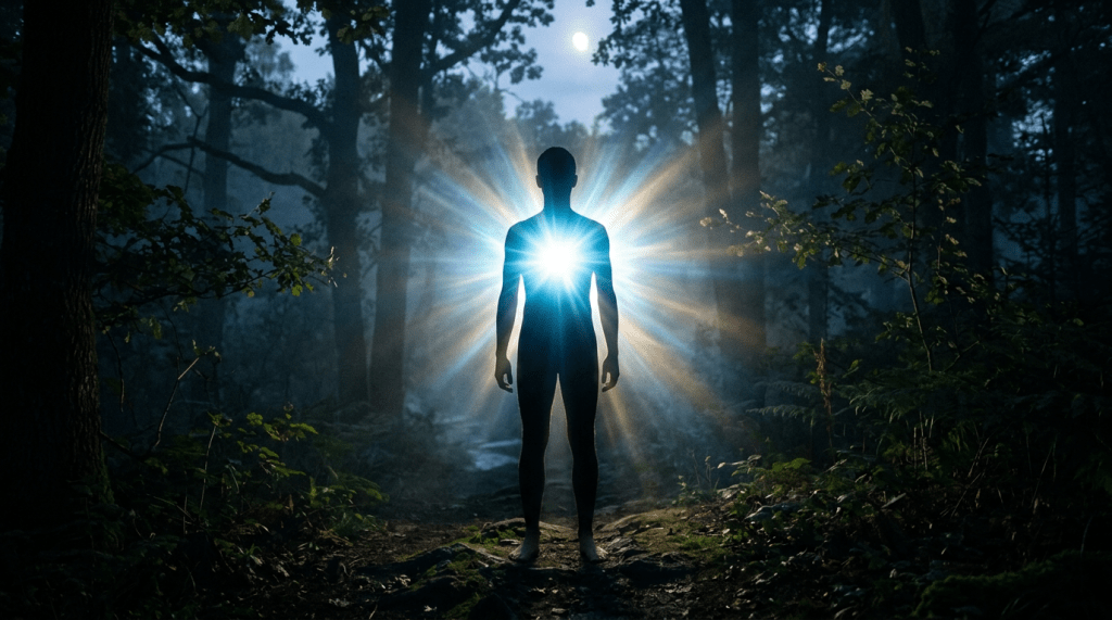Silhouette of a person standing in a forest with bright light radiating from their chest