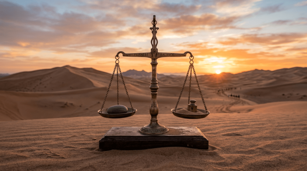 Antique balance scale with a stone and weight on each side in a desert at sunset