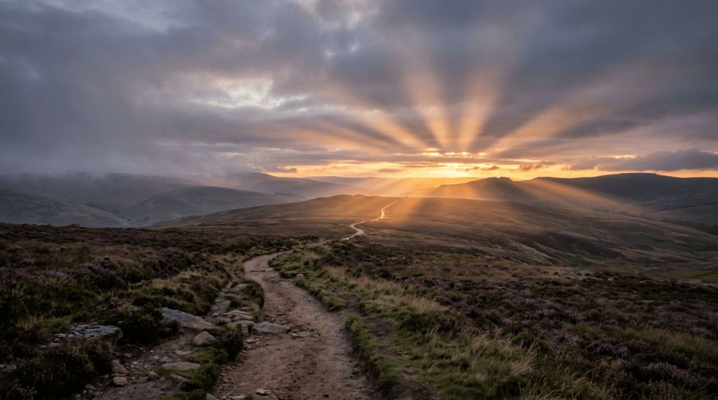 Winding dirt trail through hills with purple heather under glowing sunset sky
