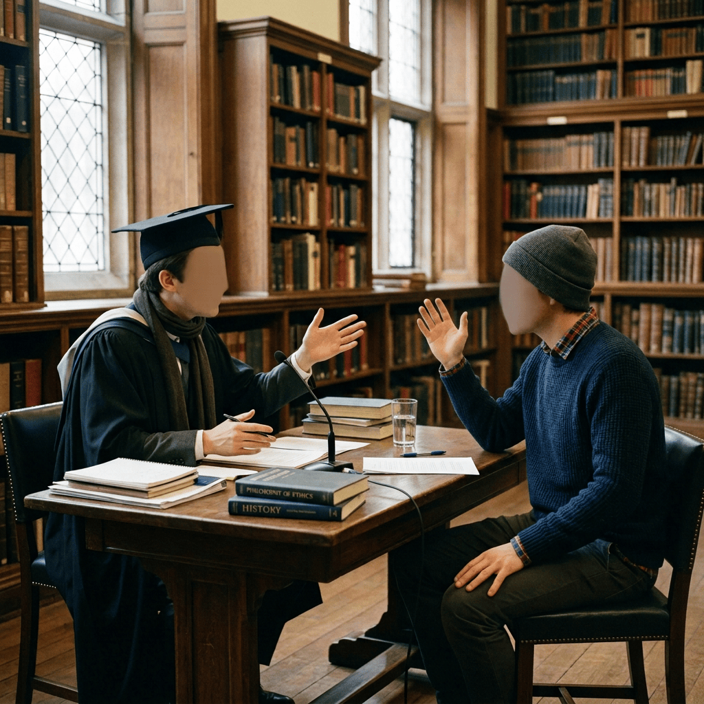 Graduate and student debating at a library table before an audience