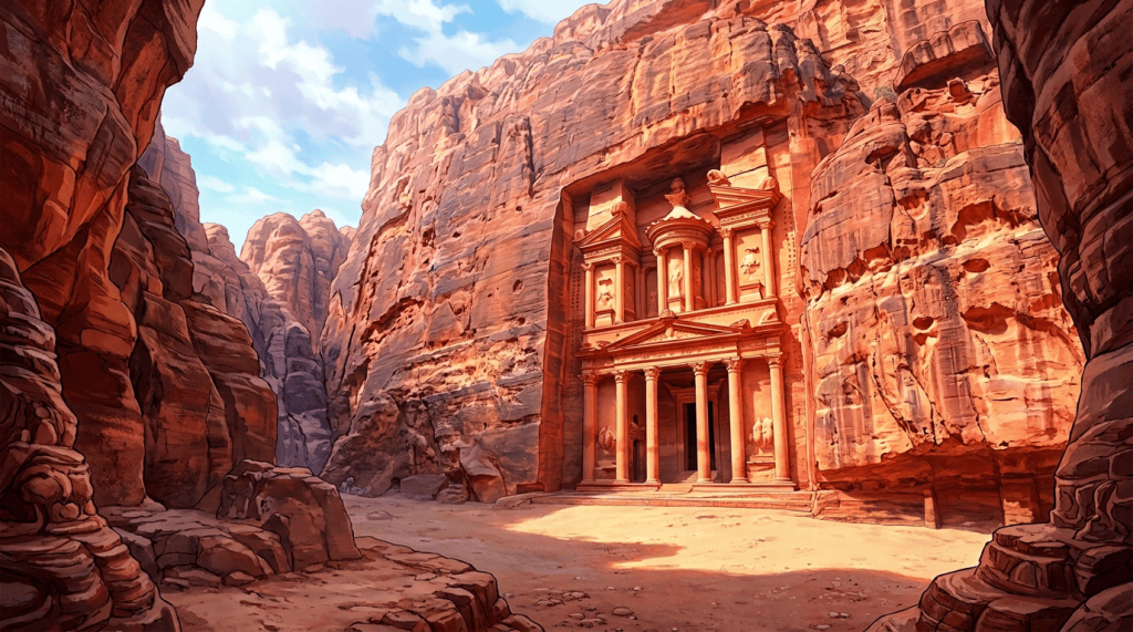 Travelers and camels viewing Petra’s Treasury carved into red canyon cliffs