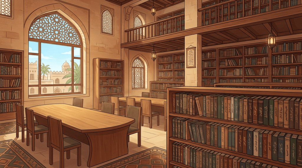 Students studying in an ornate library filled with Arabic books