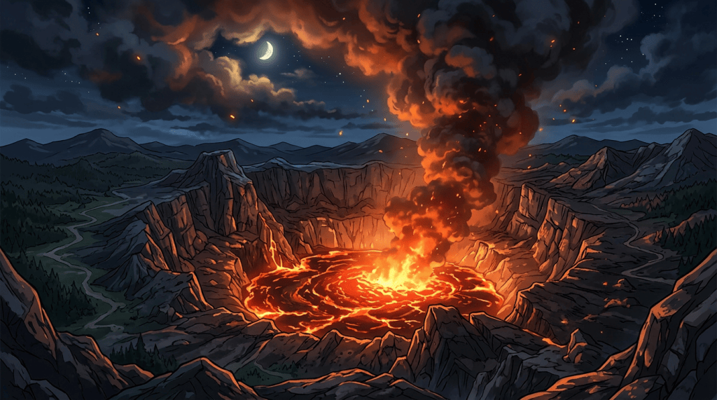 Volcano erupting inside a glowing lava-filled mountain crater