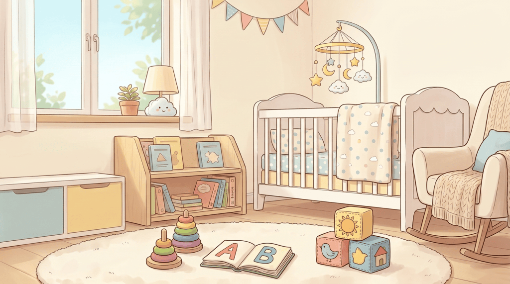 Sunlit nursery with crib, rocking chair, toys, books, and woodland animal décor