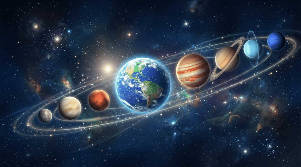 Artistic lineup of the Solar System planets against a starry background