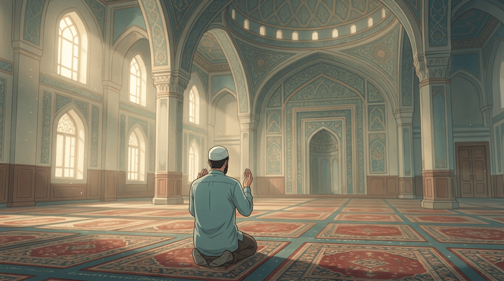 Worshippers raising their hands in prayer inside an ornate mosque