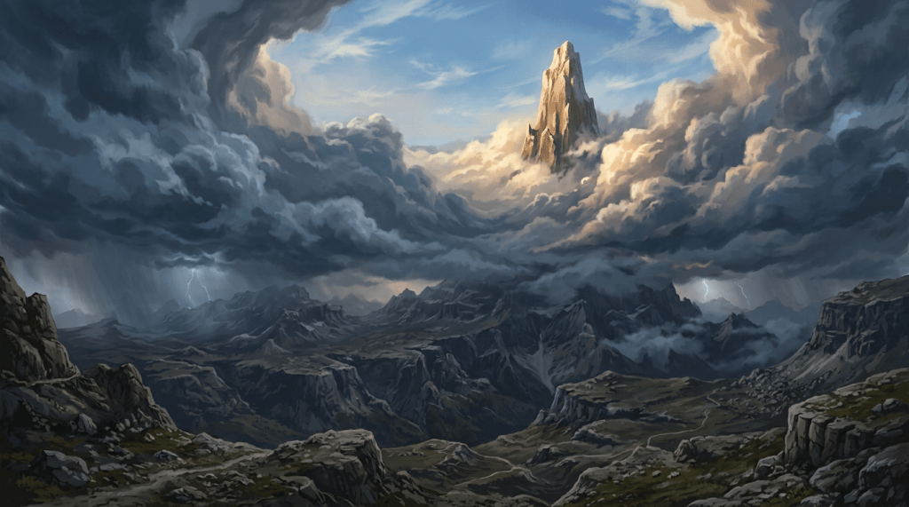 Jagged mountain valley beneath storm clouds, lightning, and a sunlit peak