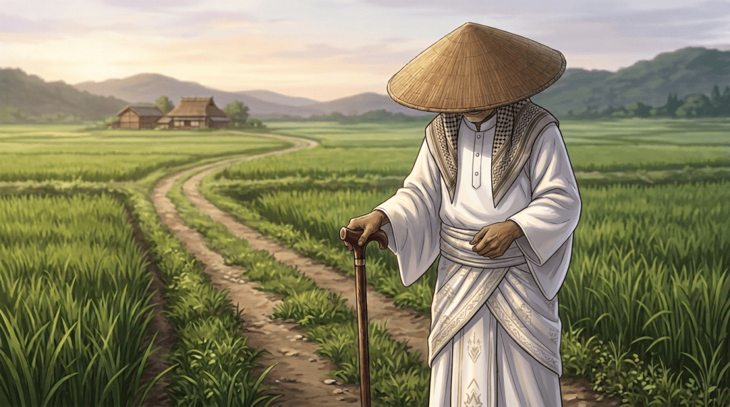 Quran, prayer beads, and walking cane on a woven mat