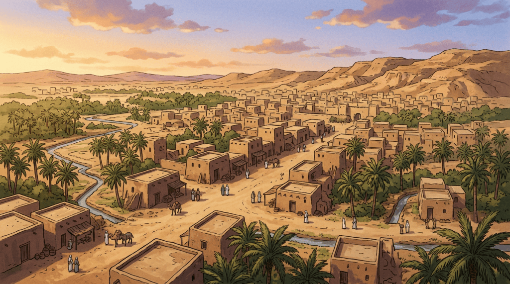 Illustrated desert settlement with palm trees, waterways, people, and mountains