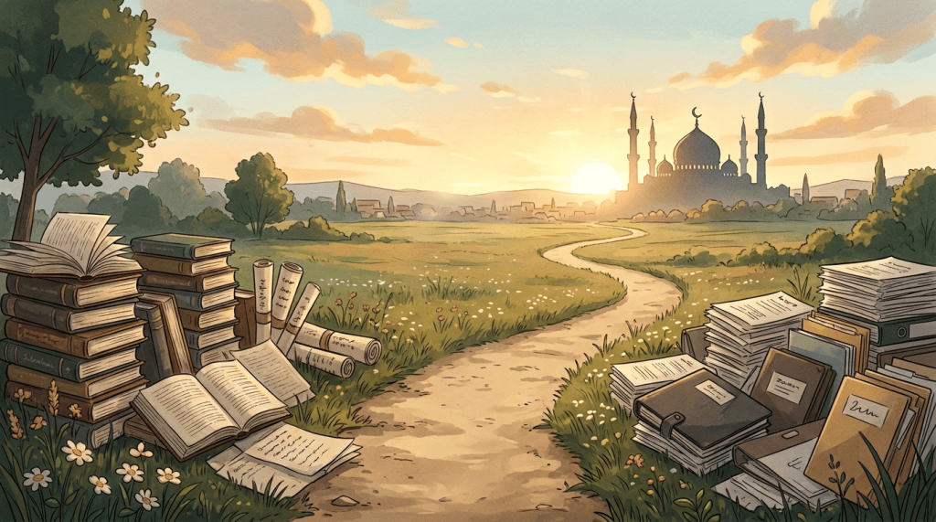 Traveler walking toward a mosque along a book-lined countryside path