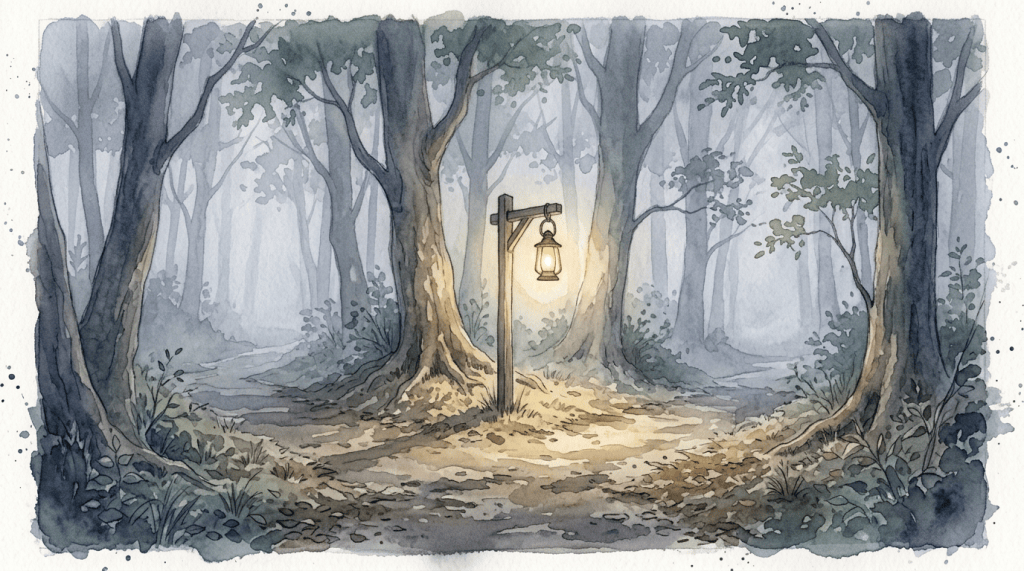 Glowing lantern at a forest path crossroads beneath towering trees