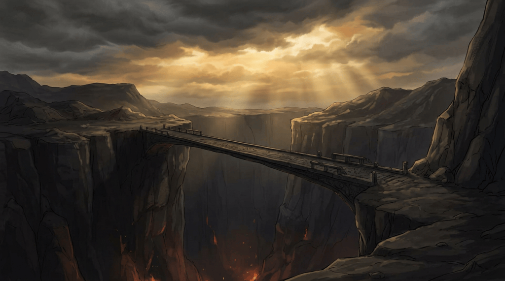 Stone bridge spanning a deep volcanic canyon beneath storm clouds