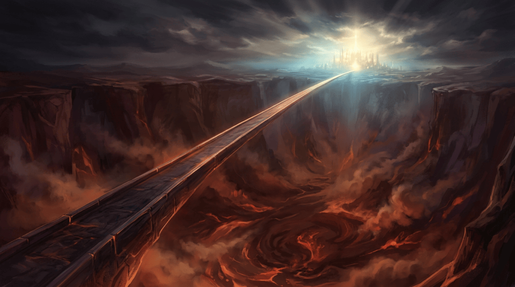 Fantasy bridge crossing a volcanic canyon toward a glowing city