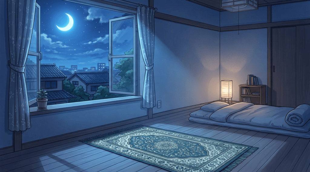 Person kneeling on a prayer rug beside an open window at night