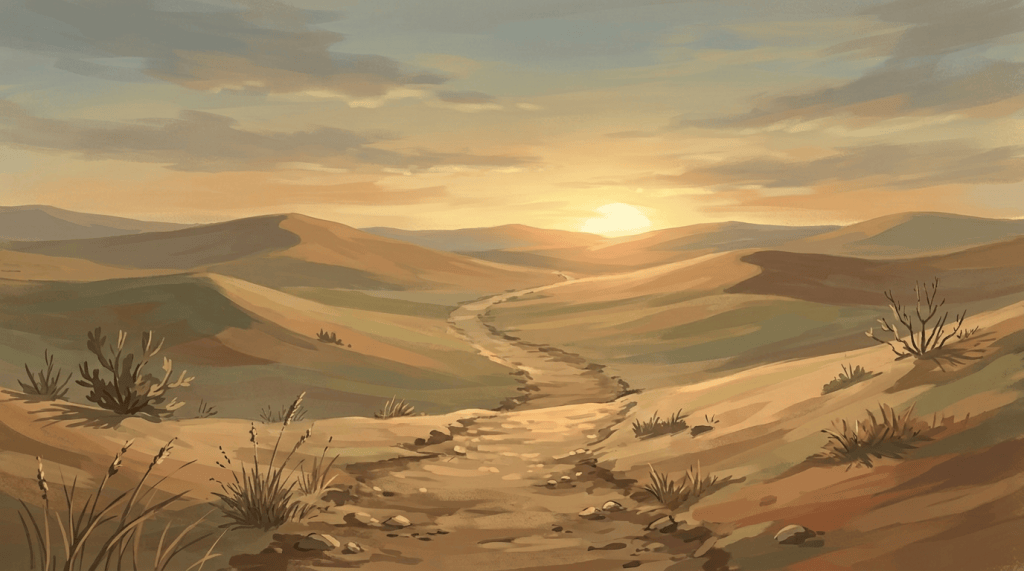 Stone trail winding through rolling hills toward a sunset