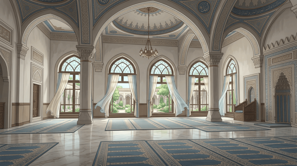 Ornate mosque prayer hall with arched windows, carpets, and chandeliers