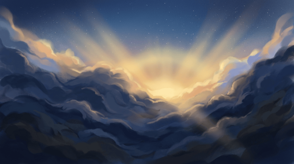 Golden sunset light shining through layered blue clouds under stars